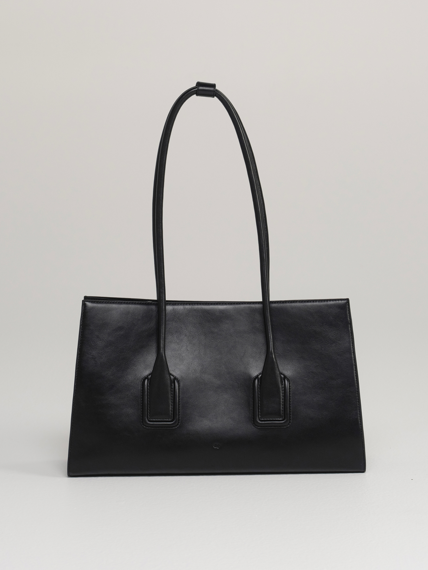 Black leather Mateo tote bag with long handles, front view